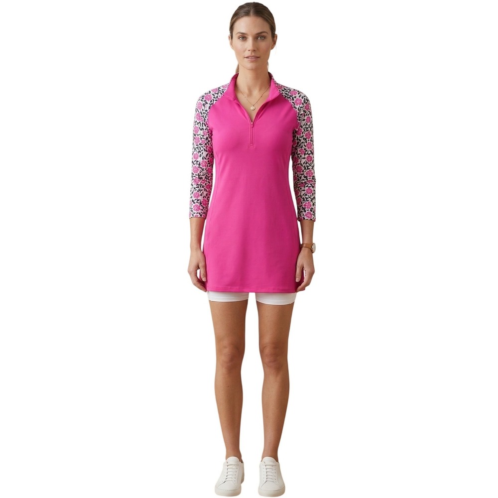 SAN SOLEIL Golf Dress with shorts Medium Pink Floral 1/4 Zip UPV 50 NWT $139